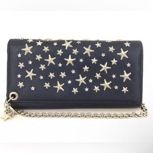 Jimmy Choo Star Studs Leather Long Bifold Chain Wallet Navy